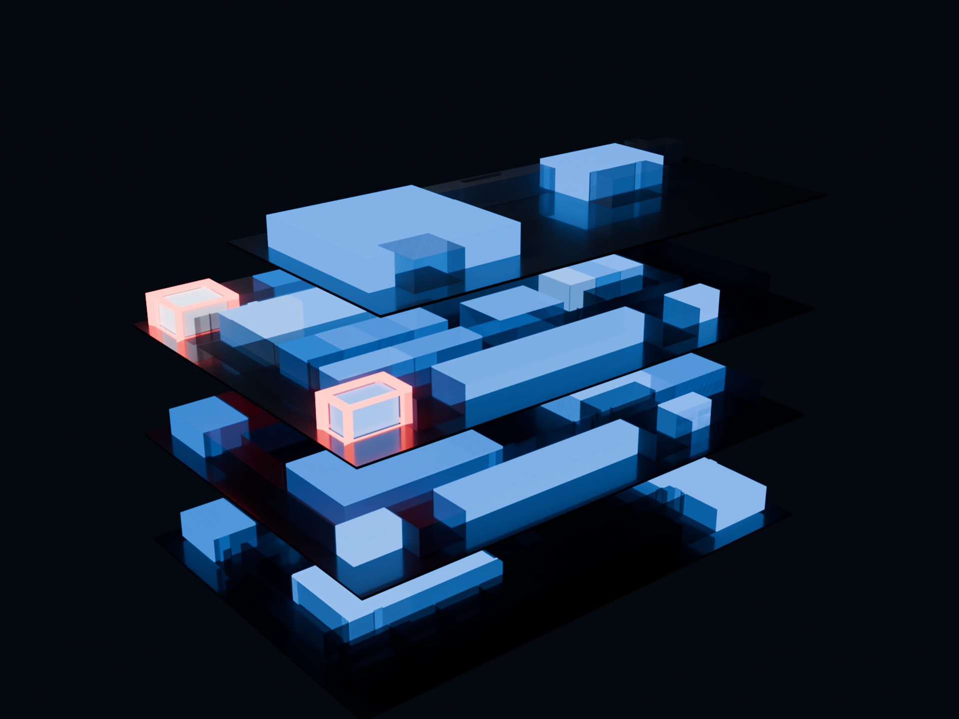 Building 308 rendered as an exploded 3D twin, rooms glowing by indoor-climate state